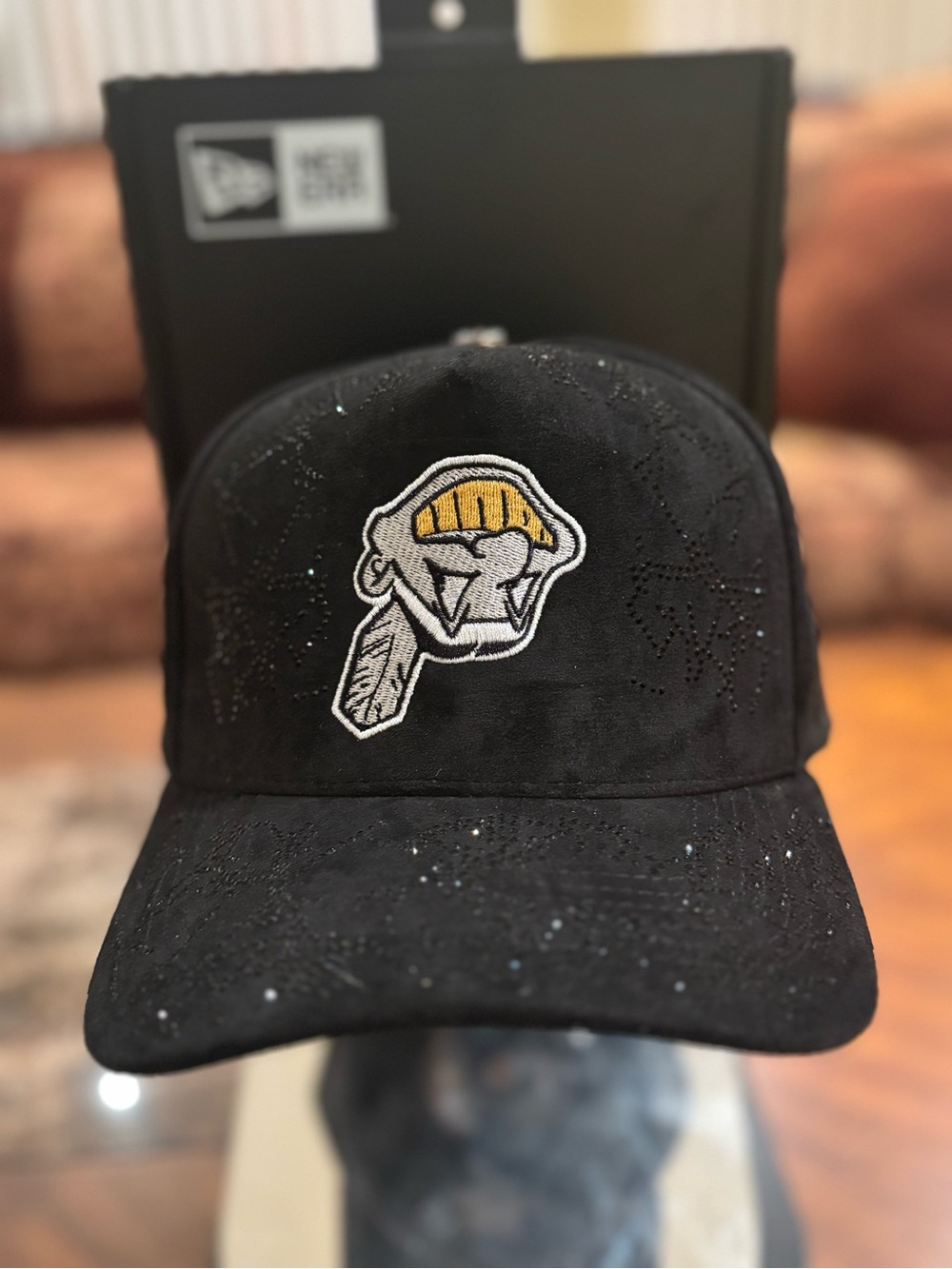 Cleveland Indians All Black Suede Rhinestone SnapBack Hat